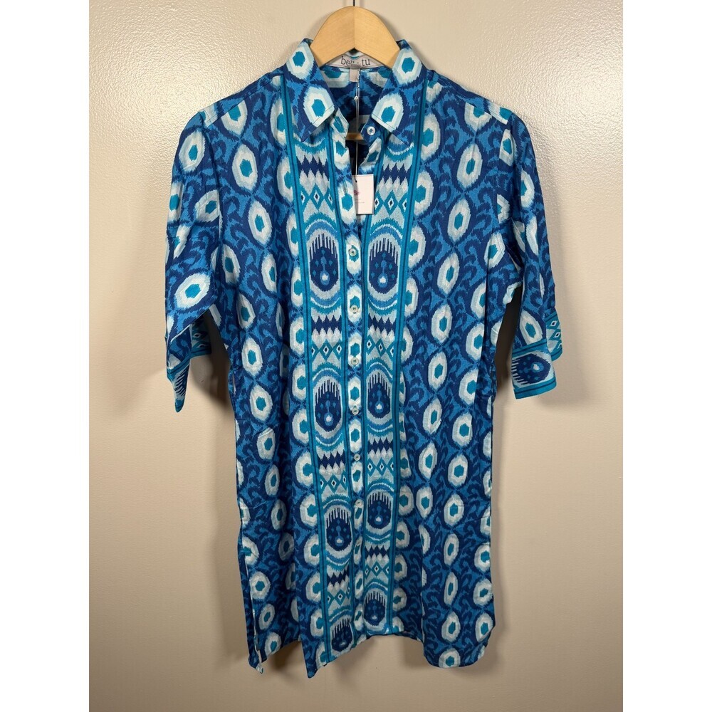 Bella Tu Shirt Dress Size Medium Blue 100% Cotton Ikat Medallion Vacation
